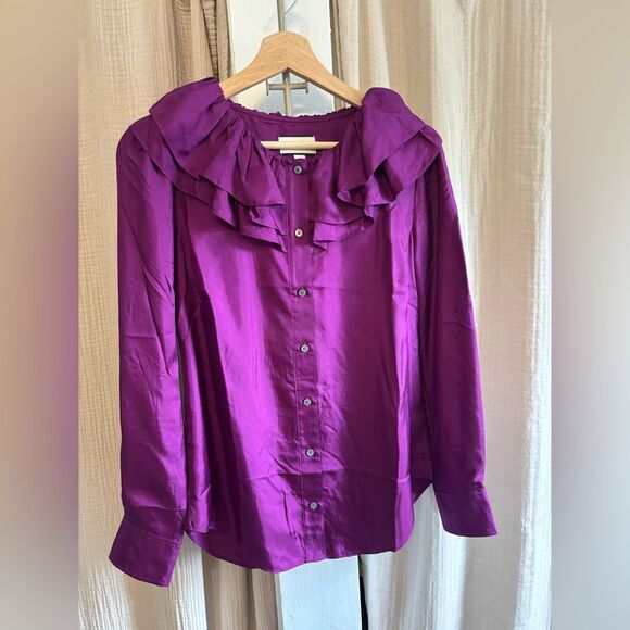 J. Crew Tops - J. Crew Collection Blouse Women's XS Purple Ruffled Silk Button Down Preppy